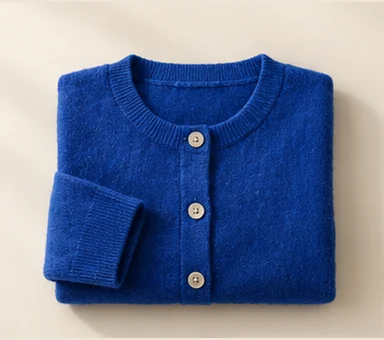 Cobalt blue cardigan, neatly folded with cream buttons