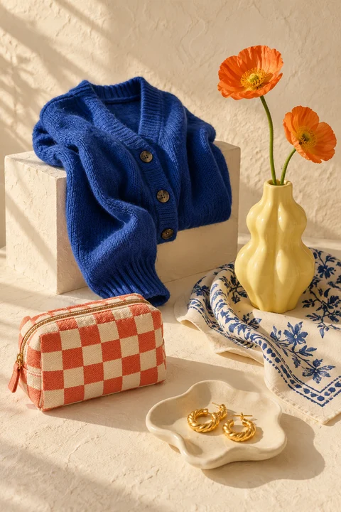 A blue cardigan, yellow ripple vase with orange flowers, coral check pouch, patterned scarf, and earrings arranged in warm sunlight