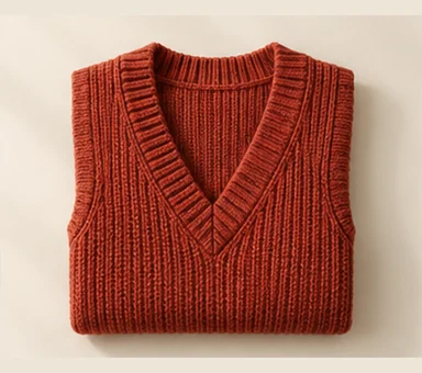 Folded terracotta knit vest with a V neckline
